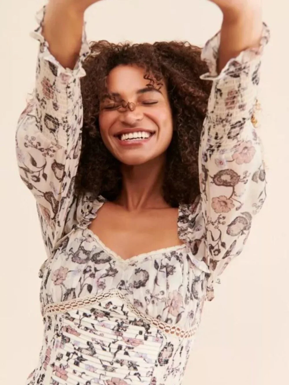 Free People Brunch Date Floral Bodysuit Ivory Size Small